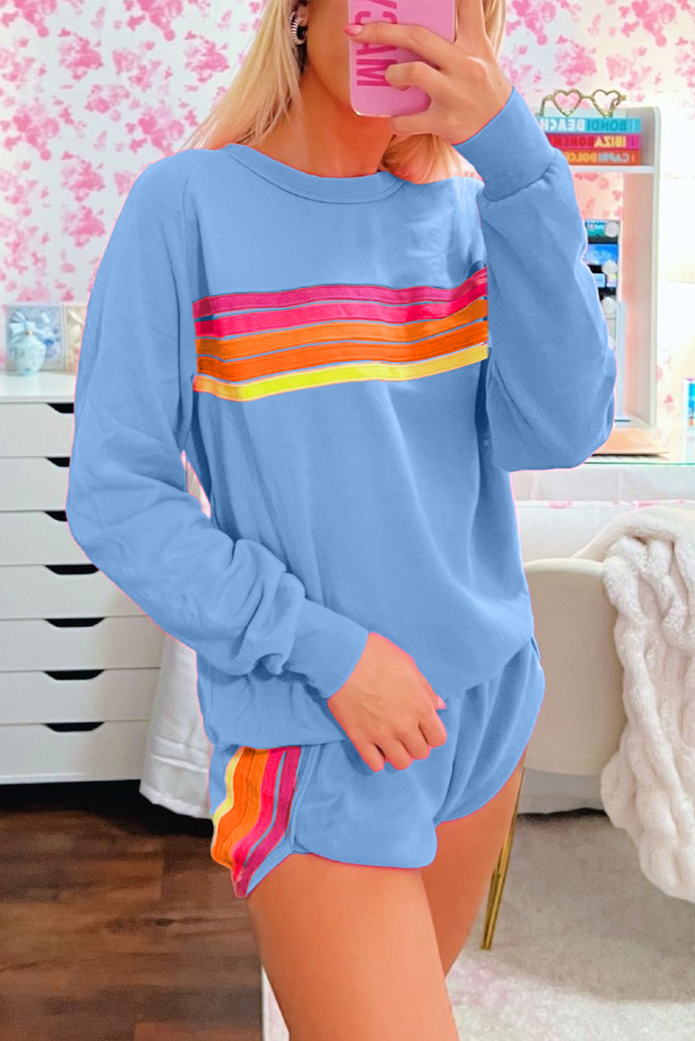 Black Striped Accent Pullover and Shorts Two Piece Casual Set