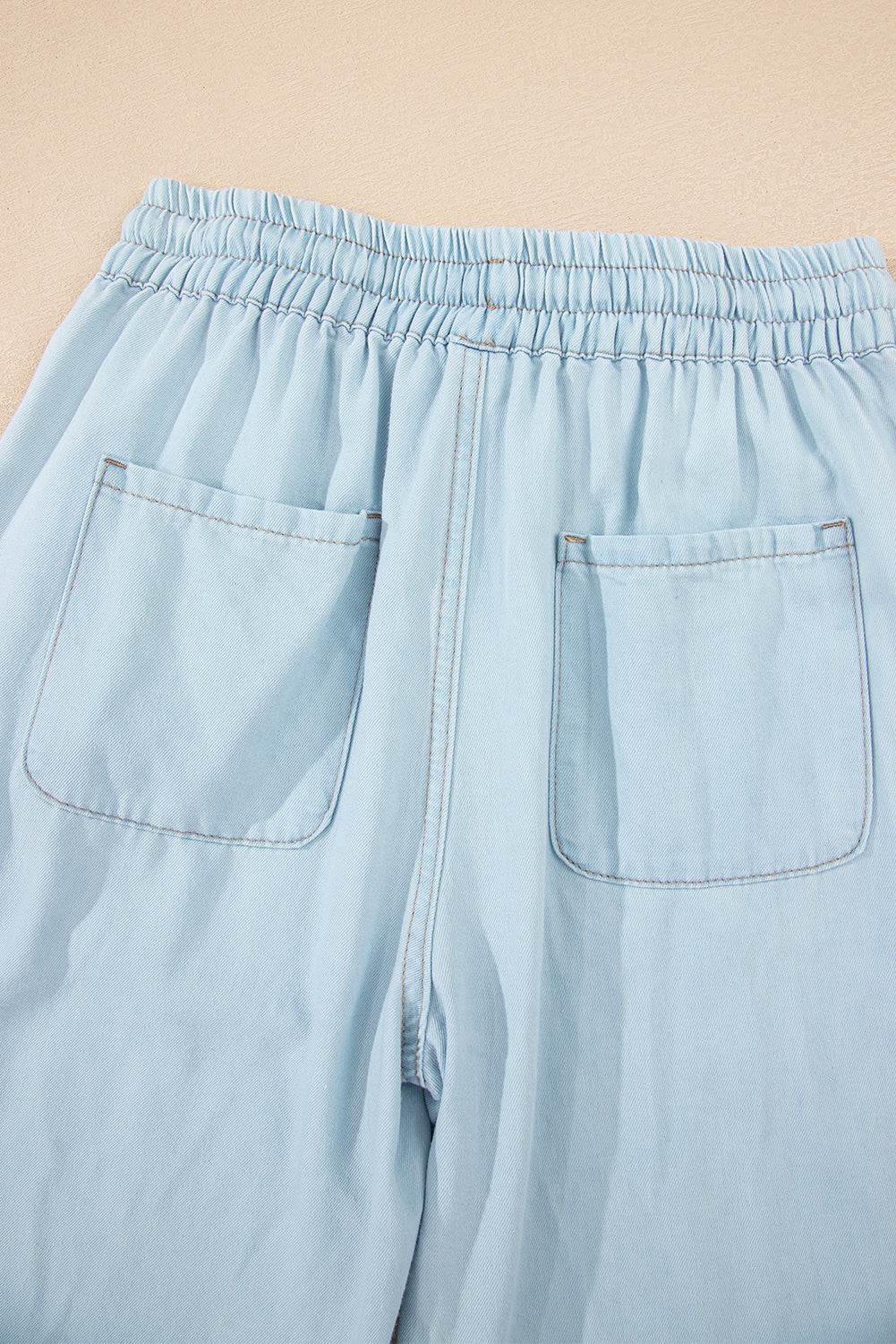 Beau Blue Light Wash Contrast Trim Center Seam Drawstring High Waist Wide Leg Denim Pants