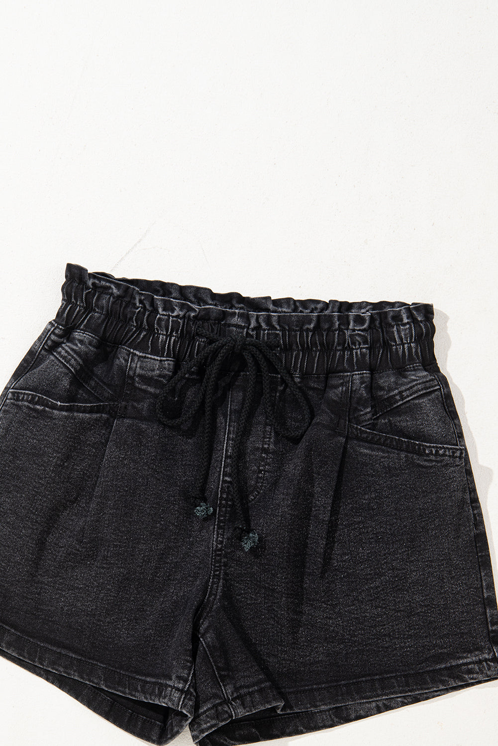 Black Drawstring High Waist Casual Denim Shorts with Pockets