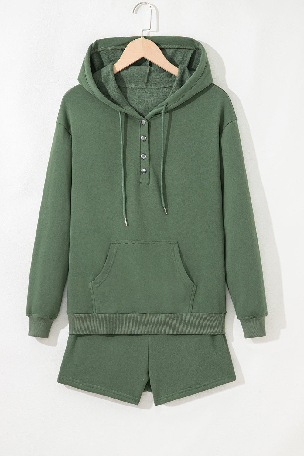Navy Blue Button Drawstring Hooded Pullover and Casual Short Set