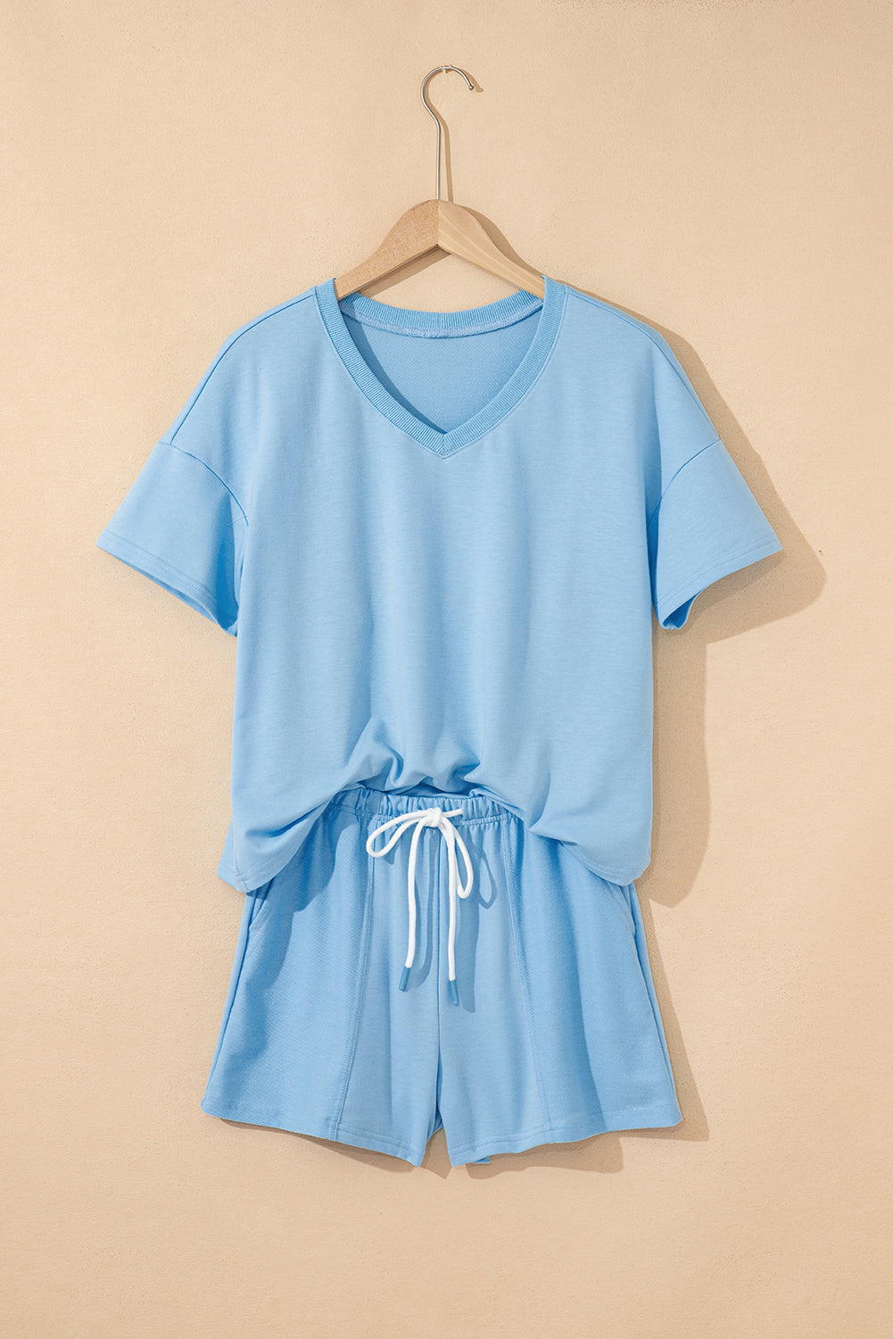 Mint Green V Neck Drop Shoulder Tee and Patchwork Drawstring Shorts Set