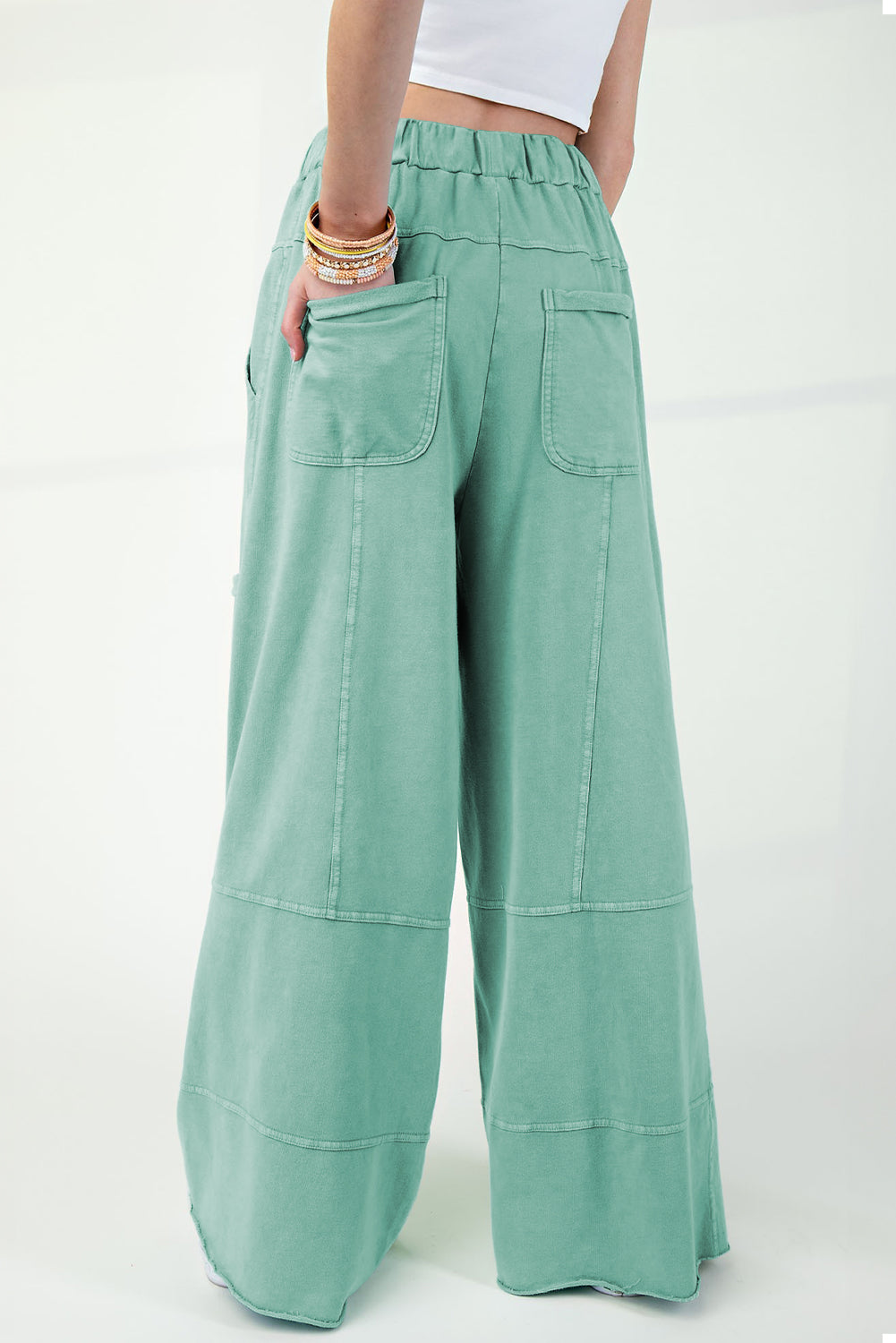 Black Mineral Wash Exposed Seam Drawstring High Waist Wide Leg Cargo Pants