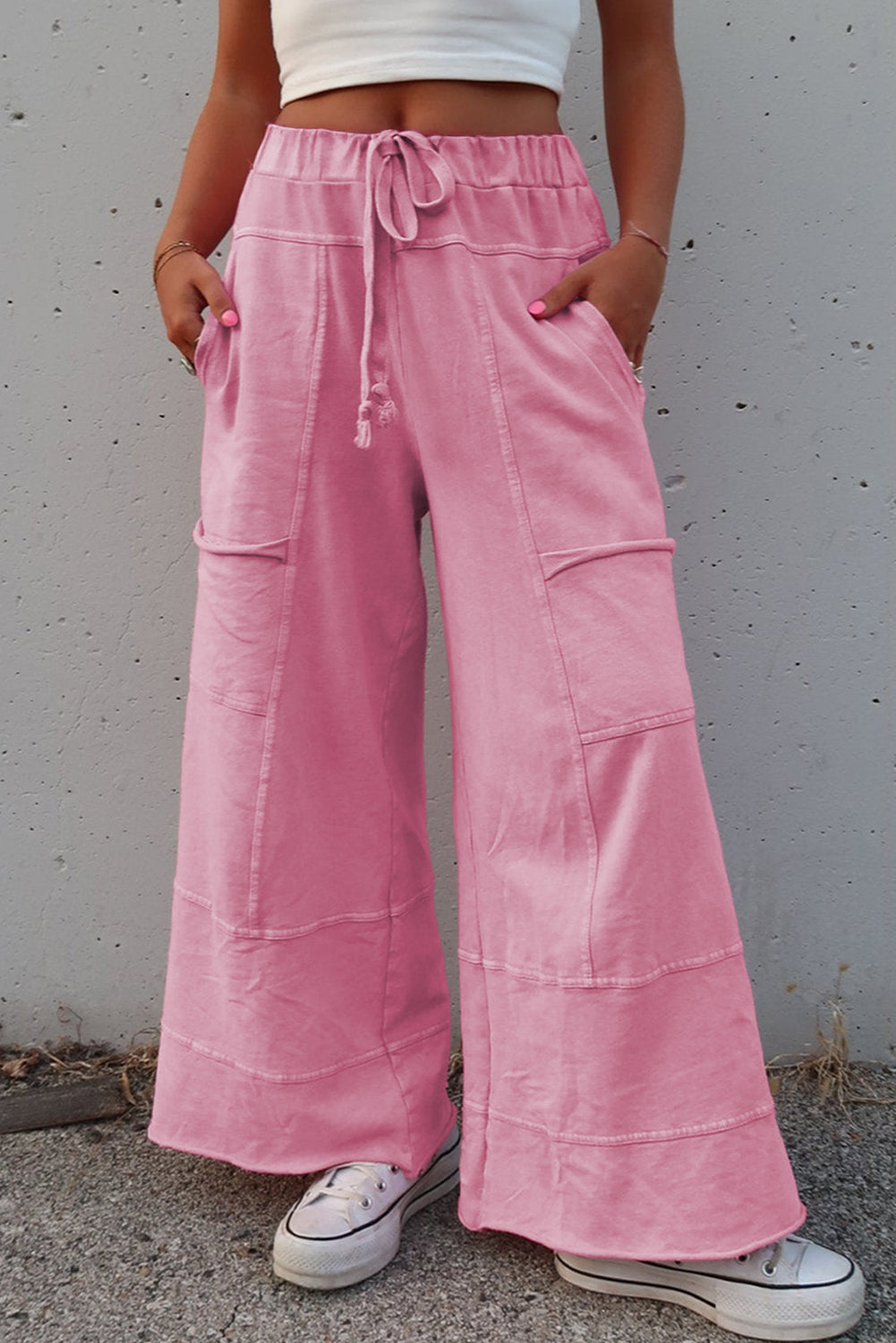 Black Mineral Wash Exposed Seam Drawstring High Waist Wide Leg Cargo Pants