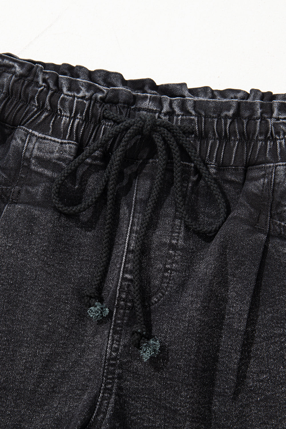 Black Drawstring High Waist Casual Denim Shorts with Pockets