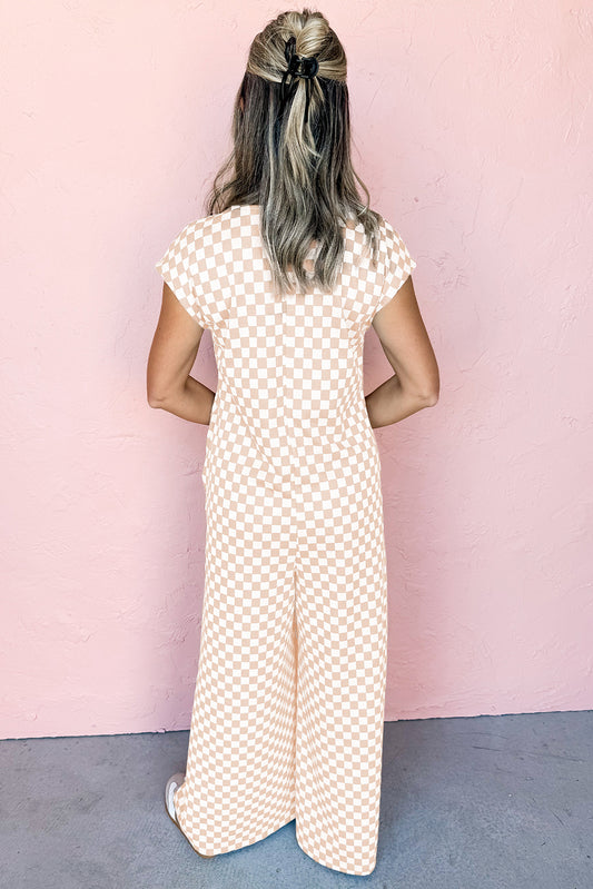 Apricot Checkered Print Buttoned Crew Neck Wide Leg Jumpsuit