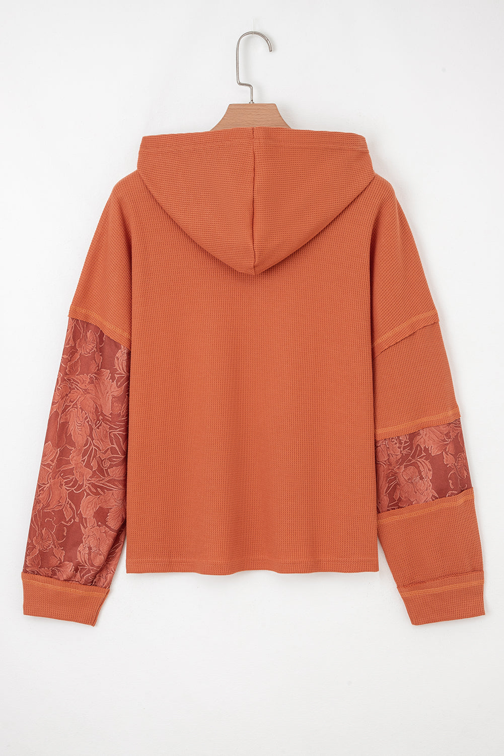 White Waffle Printed Patchwork Drawstring Hooded Long Sleeve Top