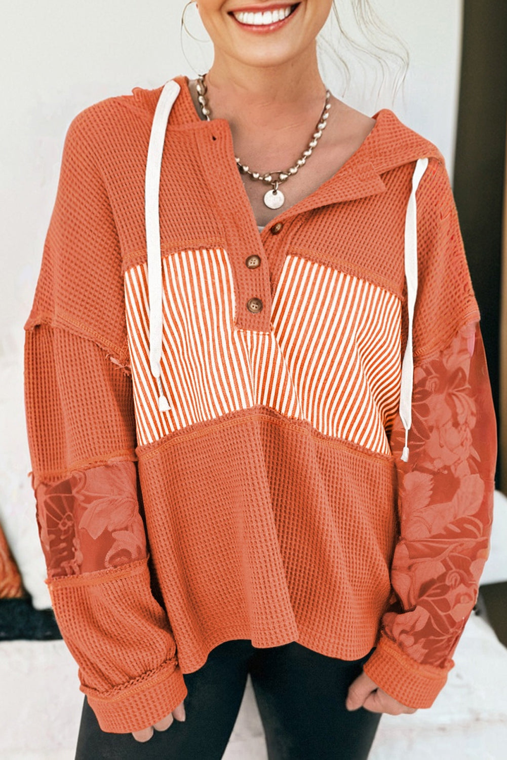 White Waffle Printed Patchwork Drawstring Hooded Long Sleeve Top
