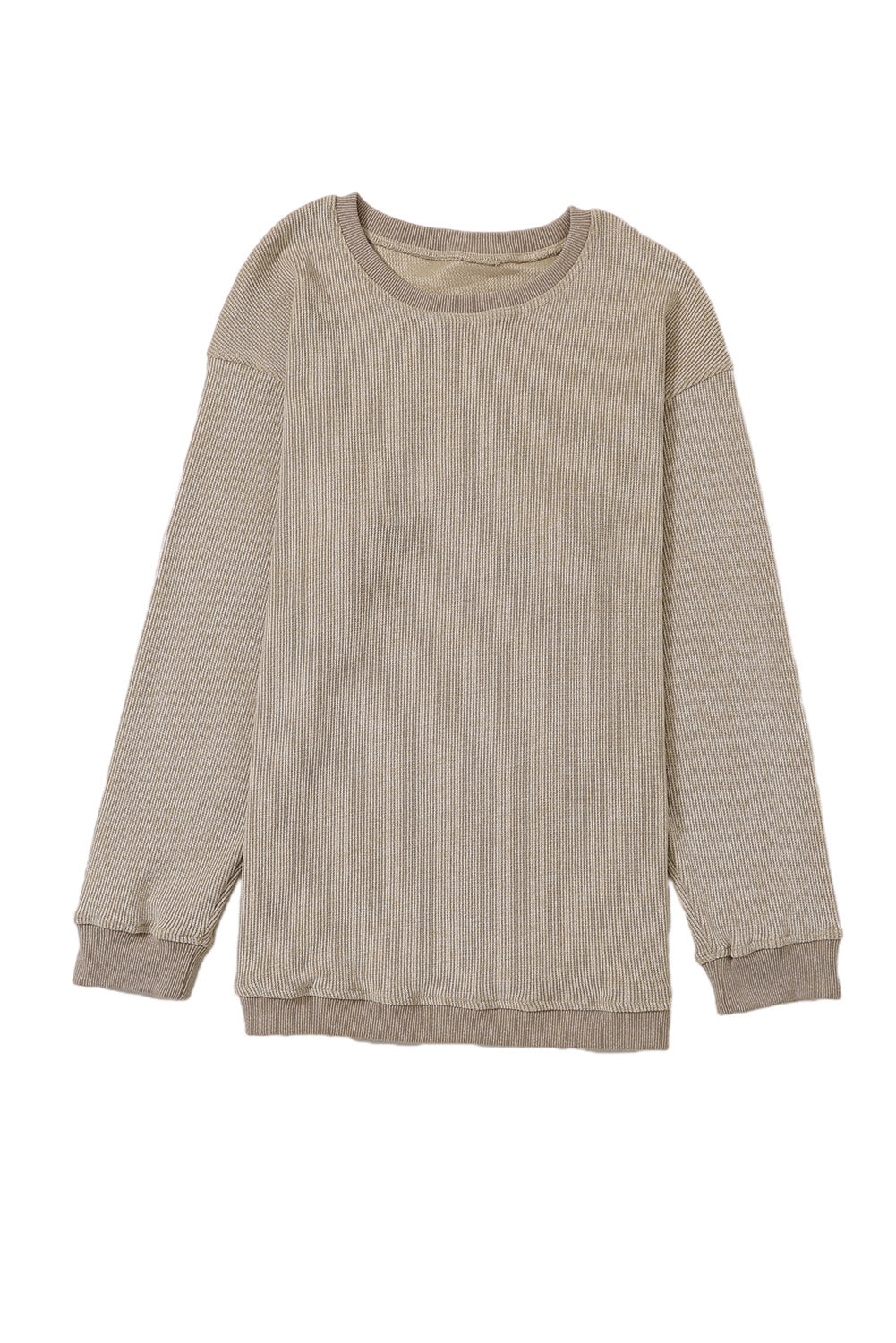 Khaki Ribbed Knit Round Neck Pullover Sweatshirt