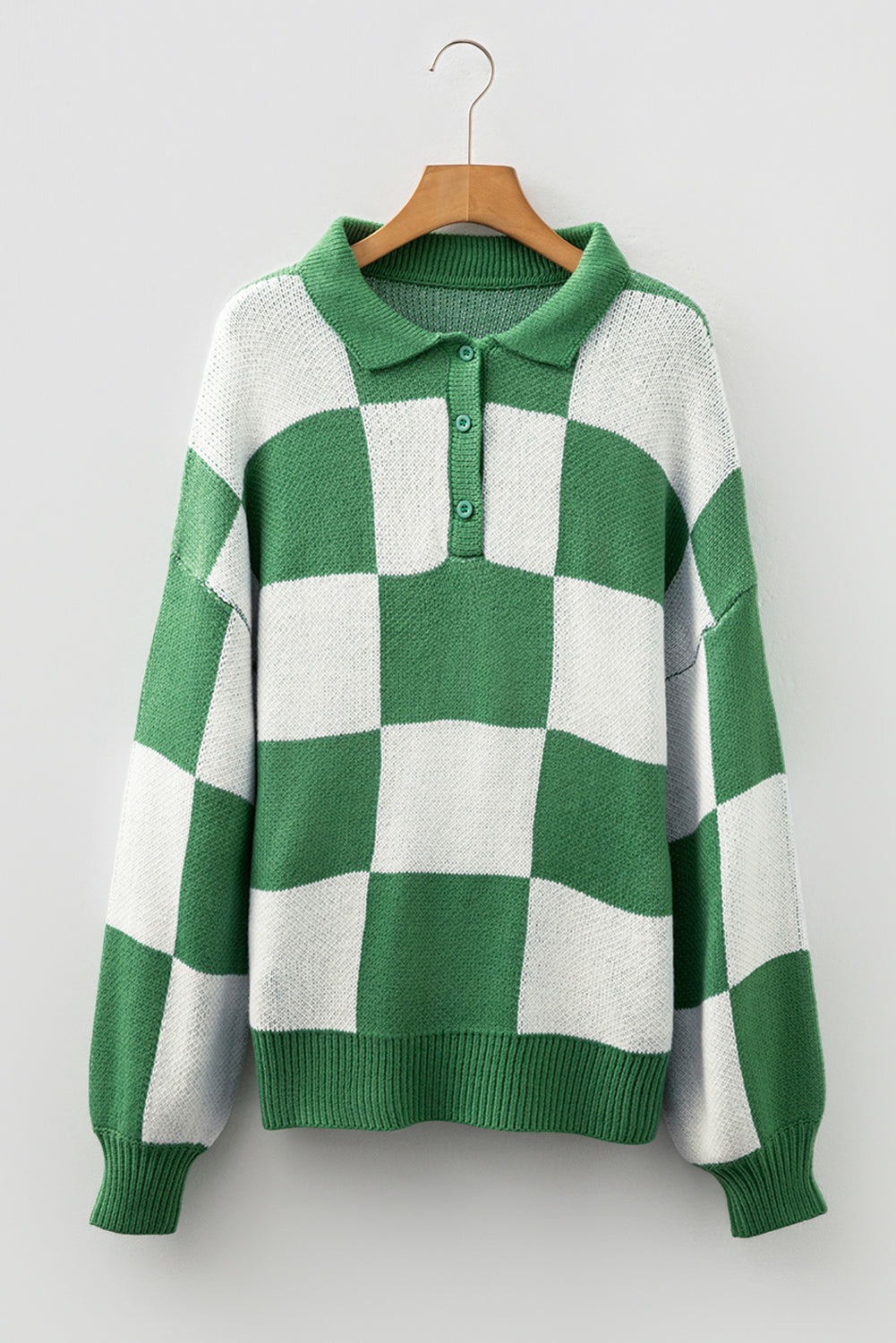 Light French Beige Checkered Pattern Polo Collar Loose Sweater