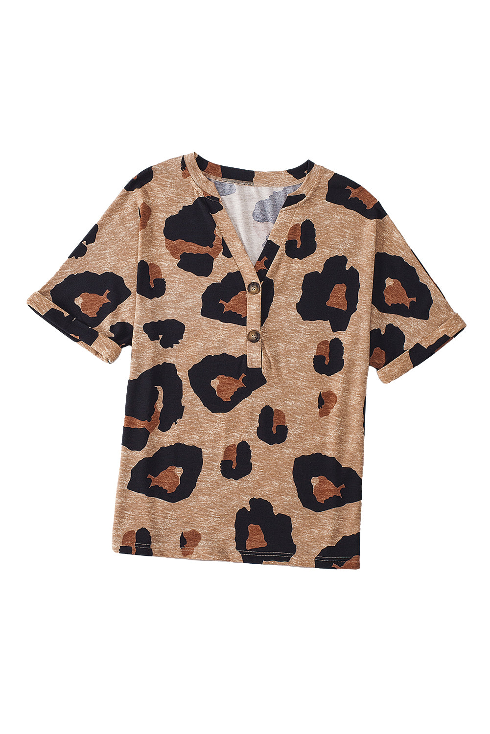 Leopard Folded Short Sleeve Buttoned V Neck Blouse