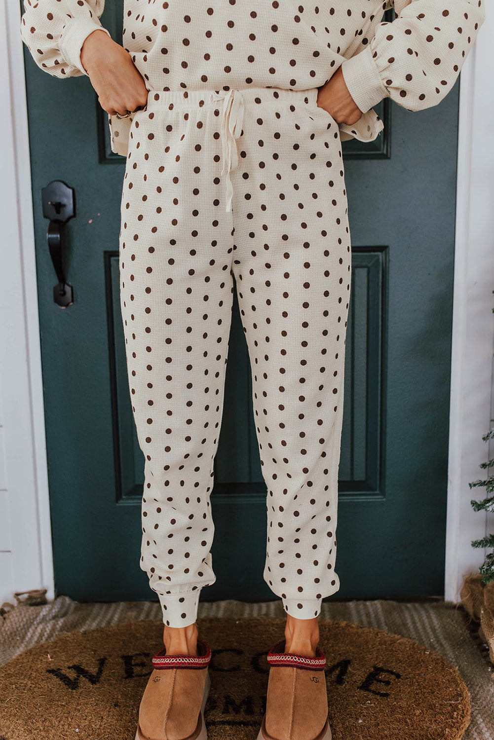 White Polka Dot Print Notched Neck Long Sleeve Top Drawstring Jogger Pants Waffle Knit Lounge Set