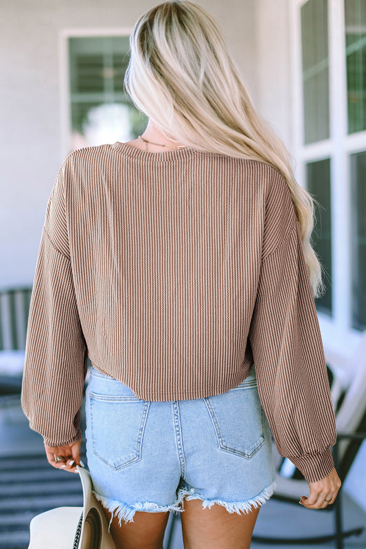 Khaki Drop Shoulder Puff Sleeve Casual Top