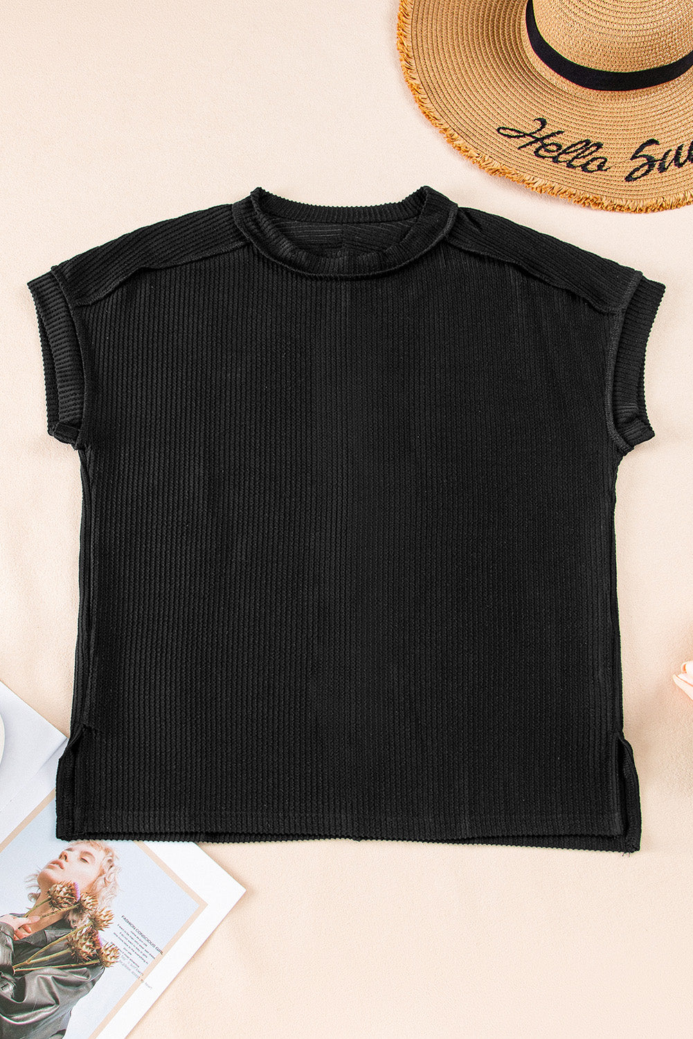 White Textured Knit Exposed Stitching T-shirt