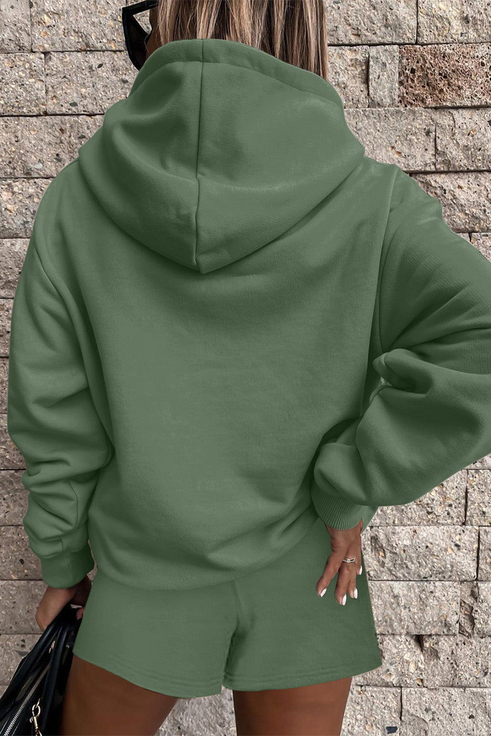 Navy Blue Button Drawstring Hooded Pullover and Casual Short Set