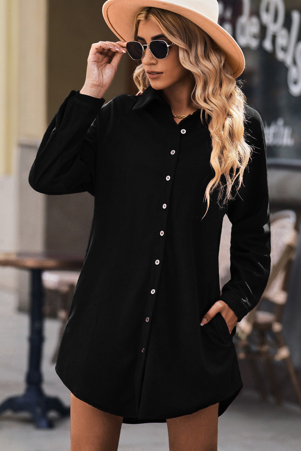 Blue Corduroy Shirt Style Full Button Long Sleeve Shift Mini Dress