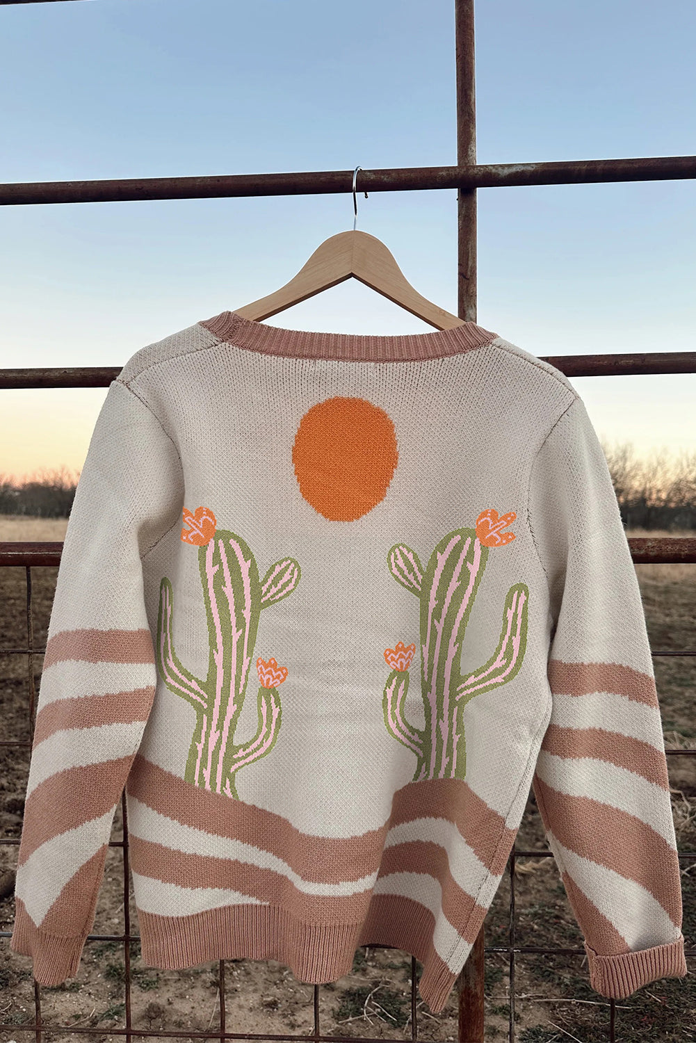 Apricot Western Desert Cactus Print Plus Size Button Cardigan Sweater