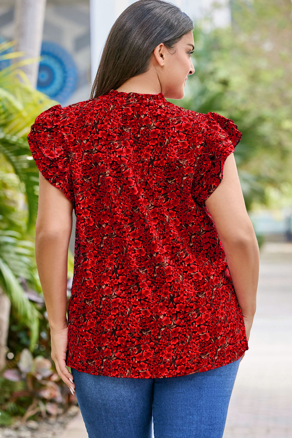 Black Rose Floral Print Ruffle Sleeve Plus Size Shift Top