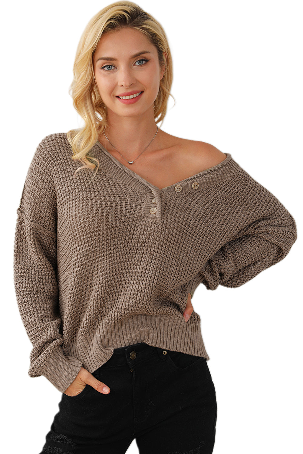 Button V Neck Drop Shoulder Khaki Sweater
