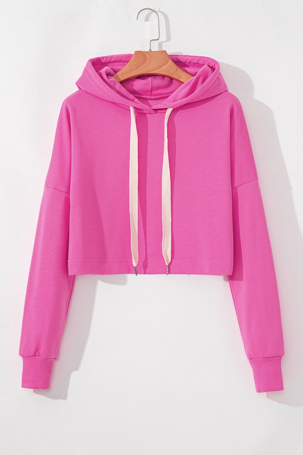 Black Solid Drop Shoulder Drawstring Cropped Hoodie