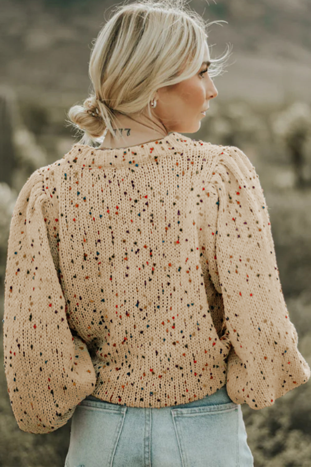 Beige Colorful Confetti Dots Cable Knit Crew Neck Sweater