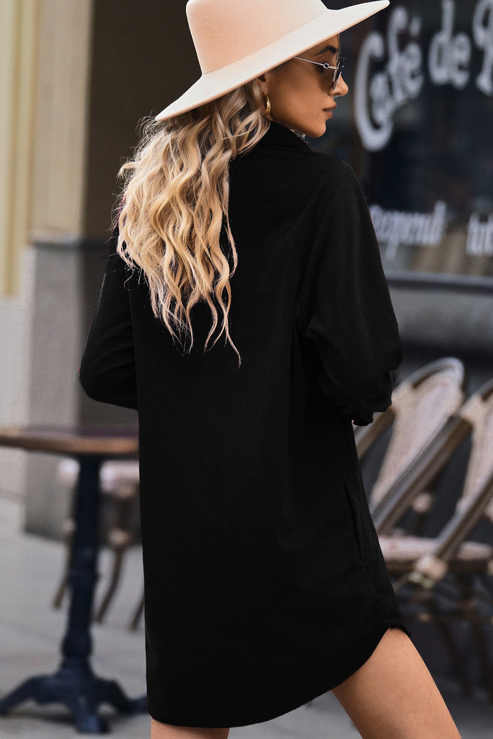Blue Corduroy Shirt Style Full Button Long Sleeve Shift Mini Dress
