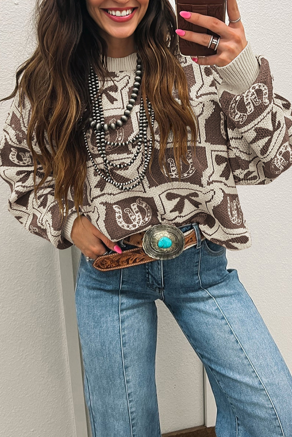 Black Bows & Horseshoes Pattern Western Fashion Print Sweater