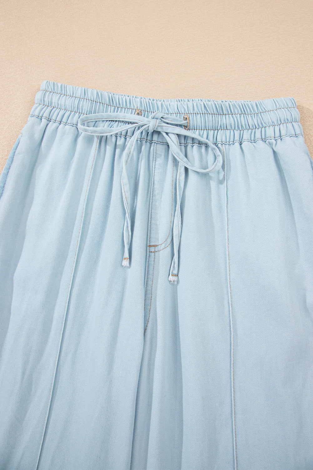 Beau Blue Light Wash Contrast Trim Center Seam Drawstring High Waist Wide Leg Denim Pants