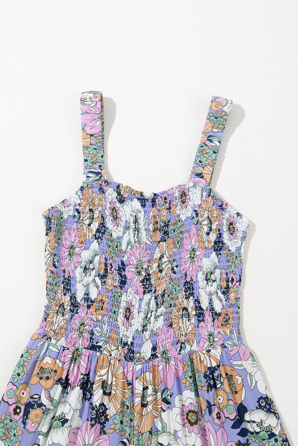 Green Floral Print Smocked High Waist Square Neck Jumpsuit