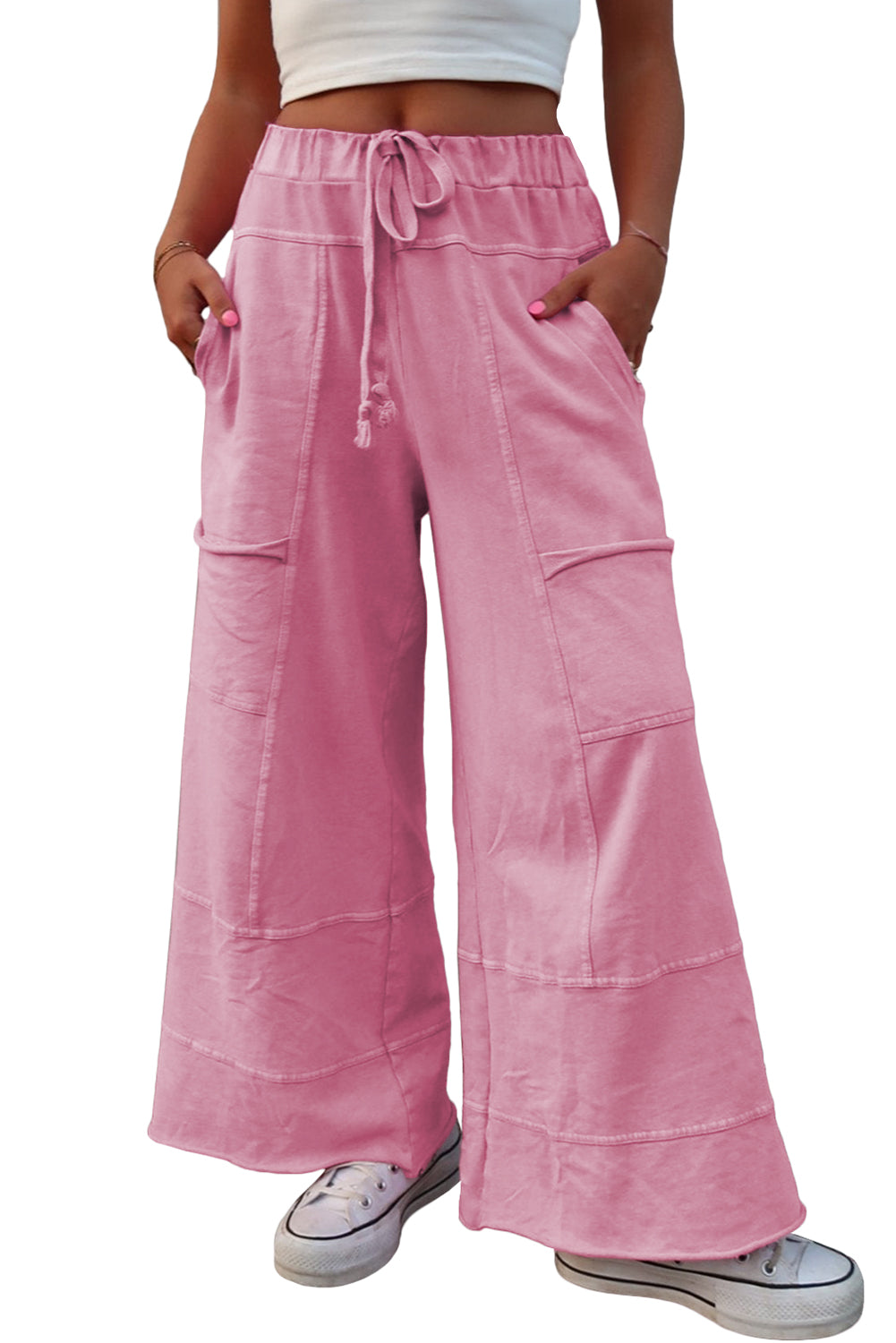 Black Mineral Wash Exposed Seam Drawstring High Waist Wide Leg Cargo Pants