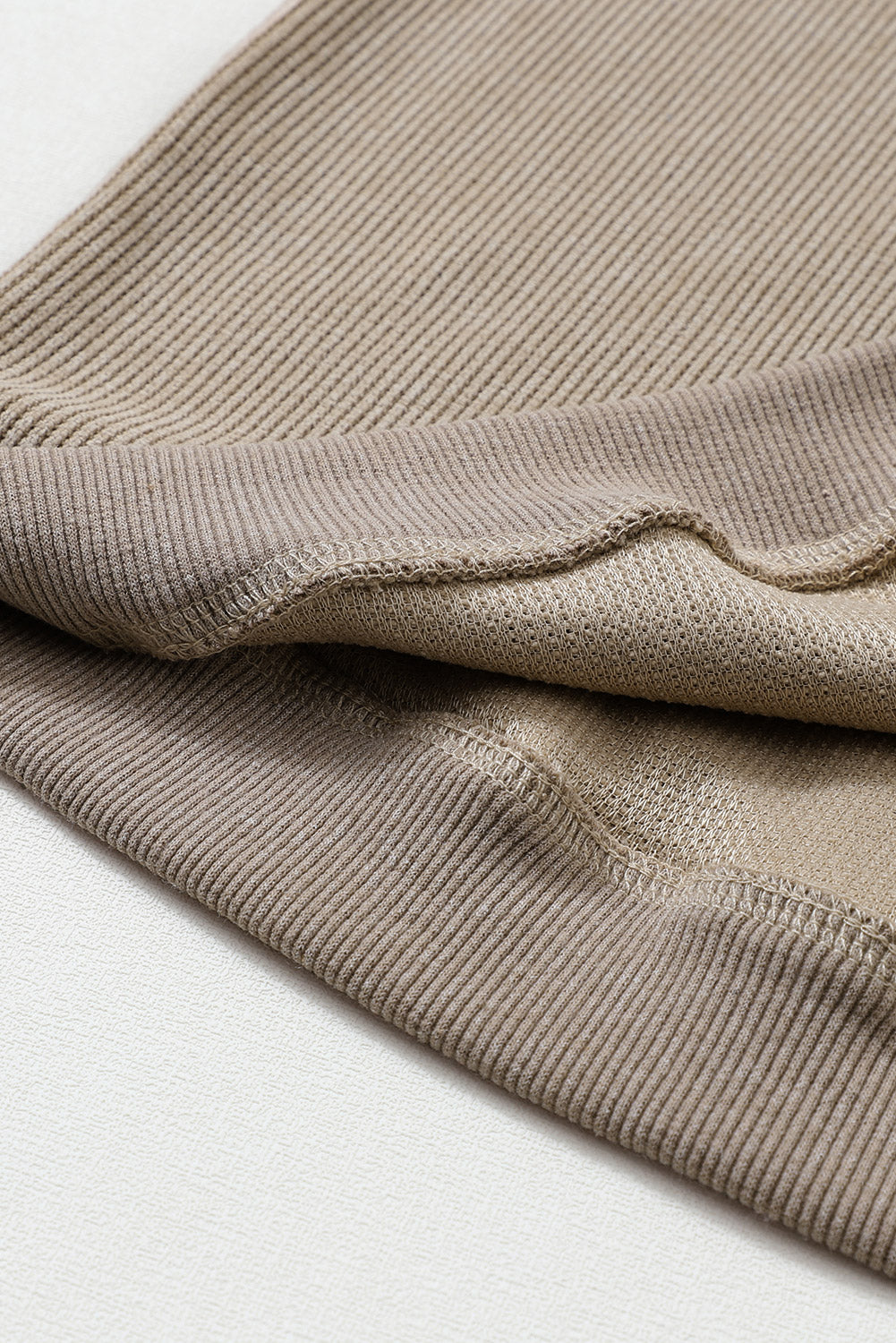Khaki Ribbed Knit Round Neck Pullover Sweatshirt
