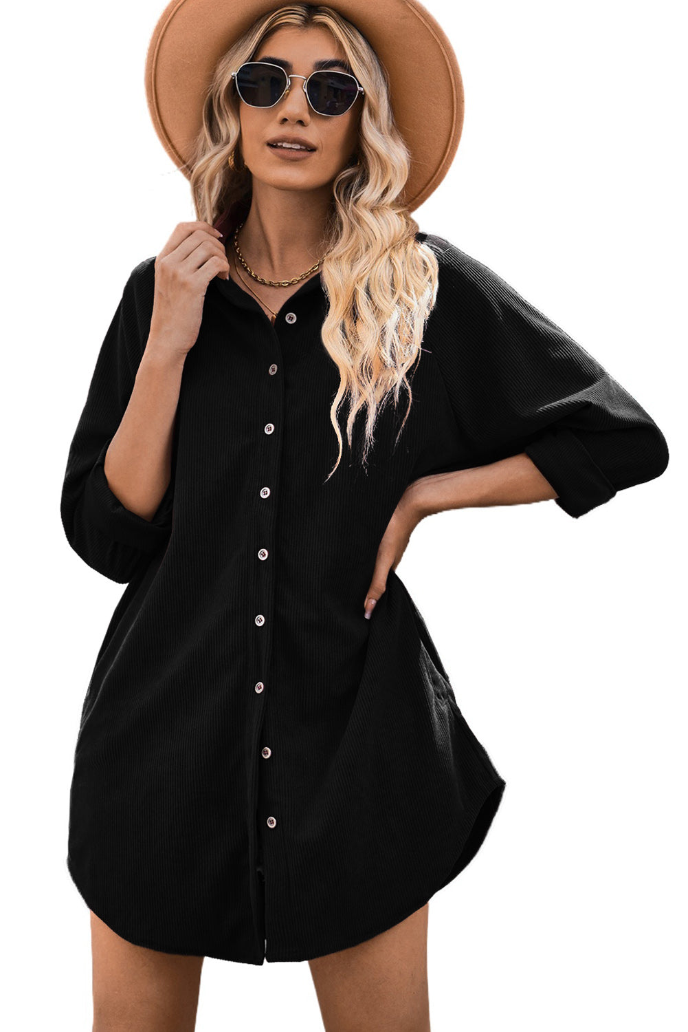 Blue Corduroy Shirt Style Full Button Long Sleeve Shift Mini Dress