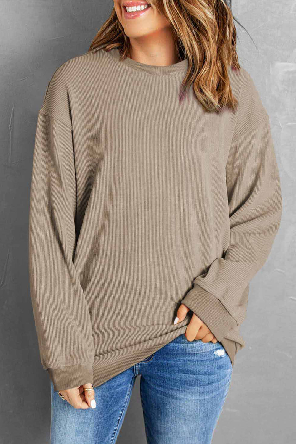 Khaki Ribbed Knit Round Neck Pullover Sweatshirt