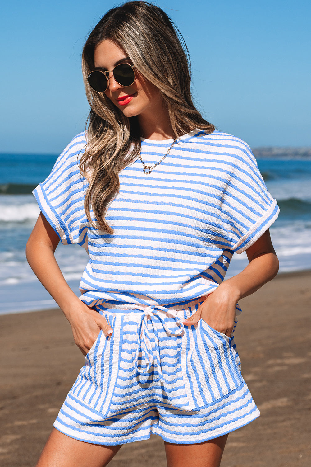 Black Stripe Knitted Short Sleeve Top and Drawstring Shorts Set