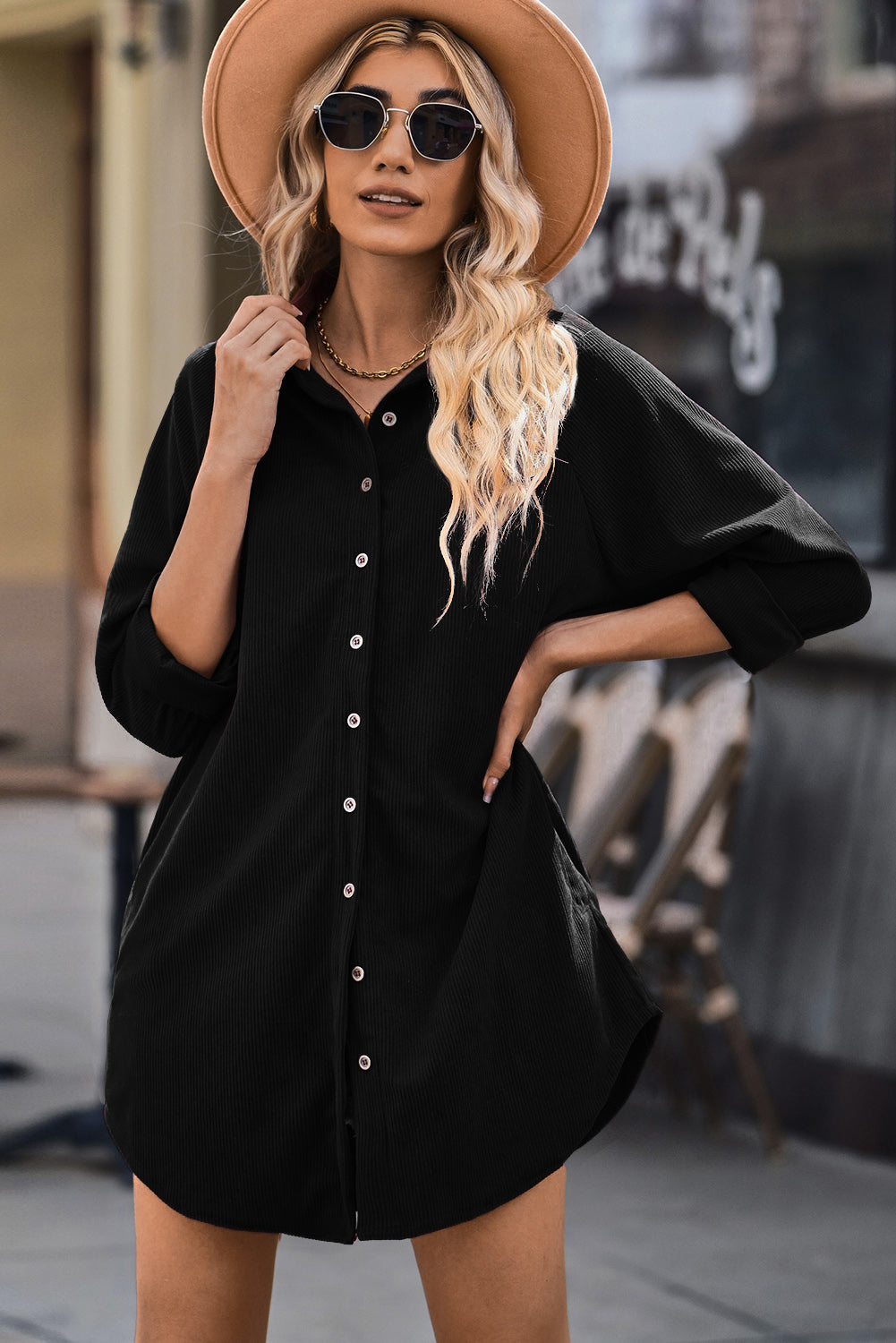 Blue Corduroy Shirt Style Full Button Long Sleeve Shift Mini Dress