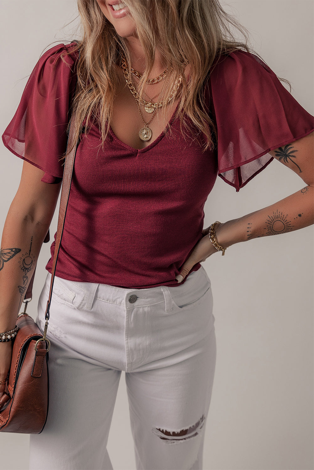 Black Mesh Ruffled Sleeve Slim Fit V Neck Top