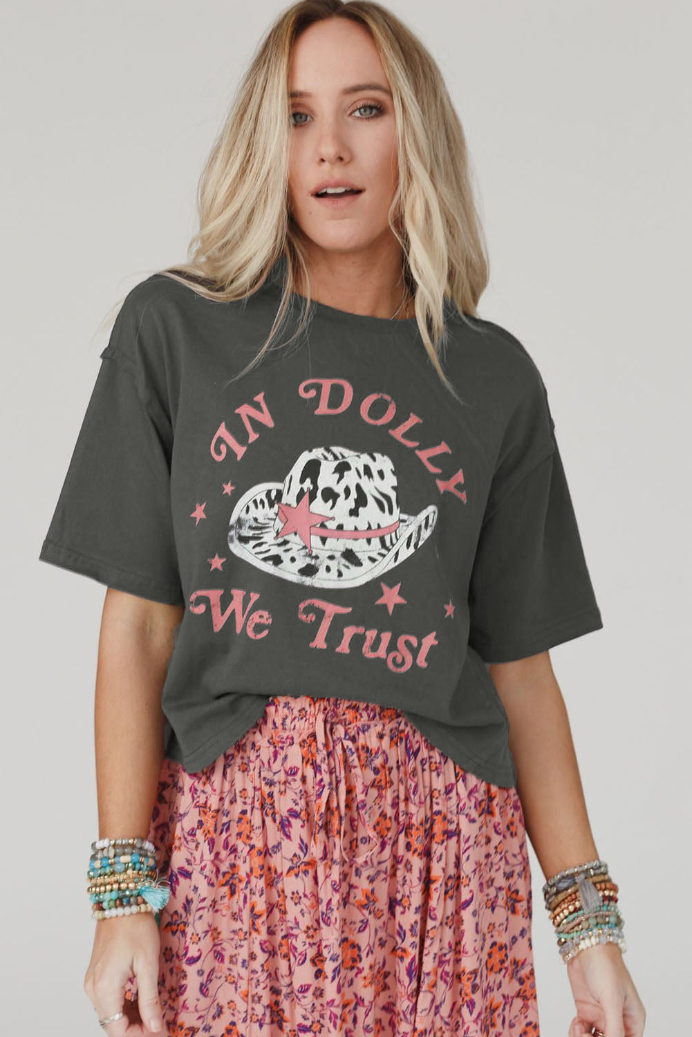 Gray WE TRUST IN DOLLY Western Graphic Tee