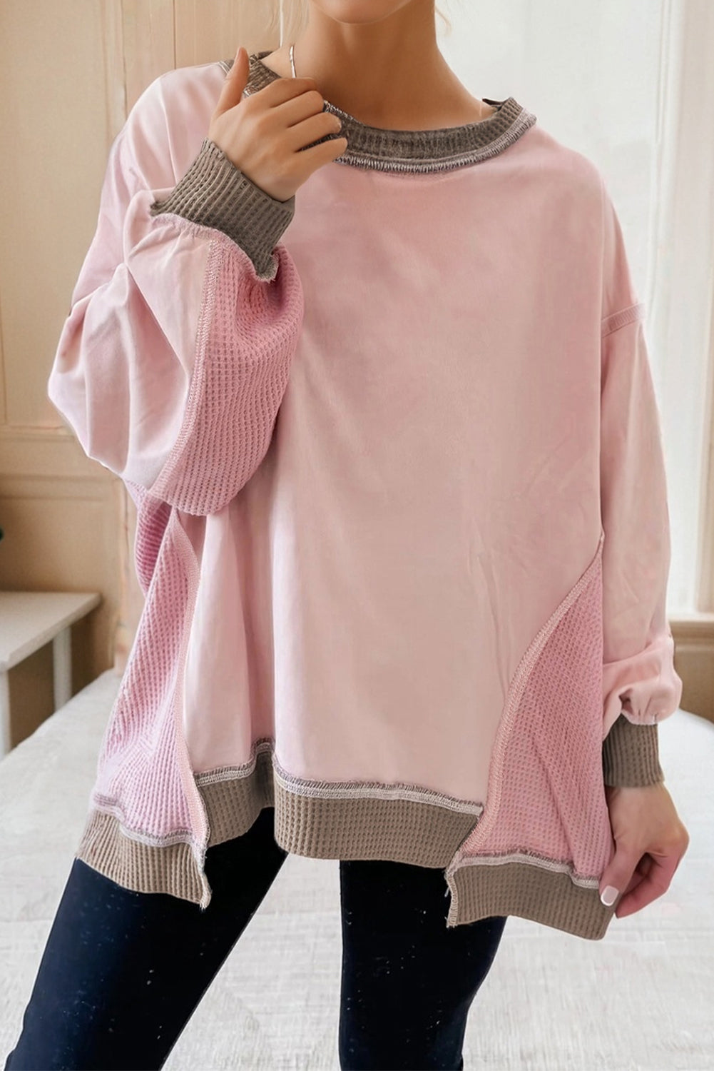 Smoke Green Color Block Mix Texture Waffle Patchwork Oversize Sweatshirt