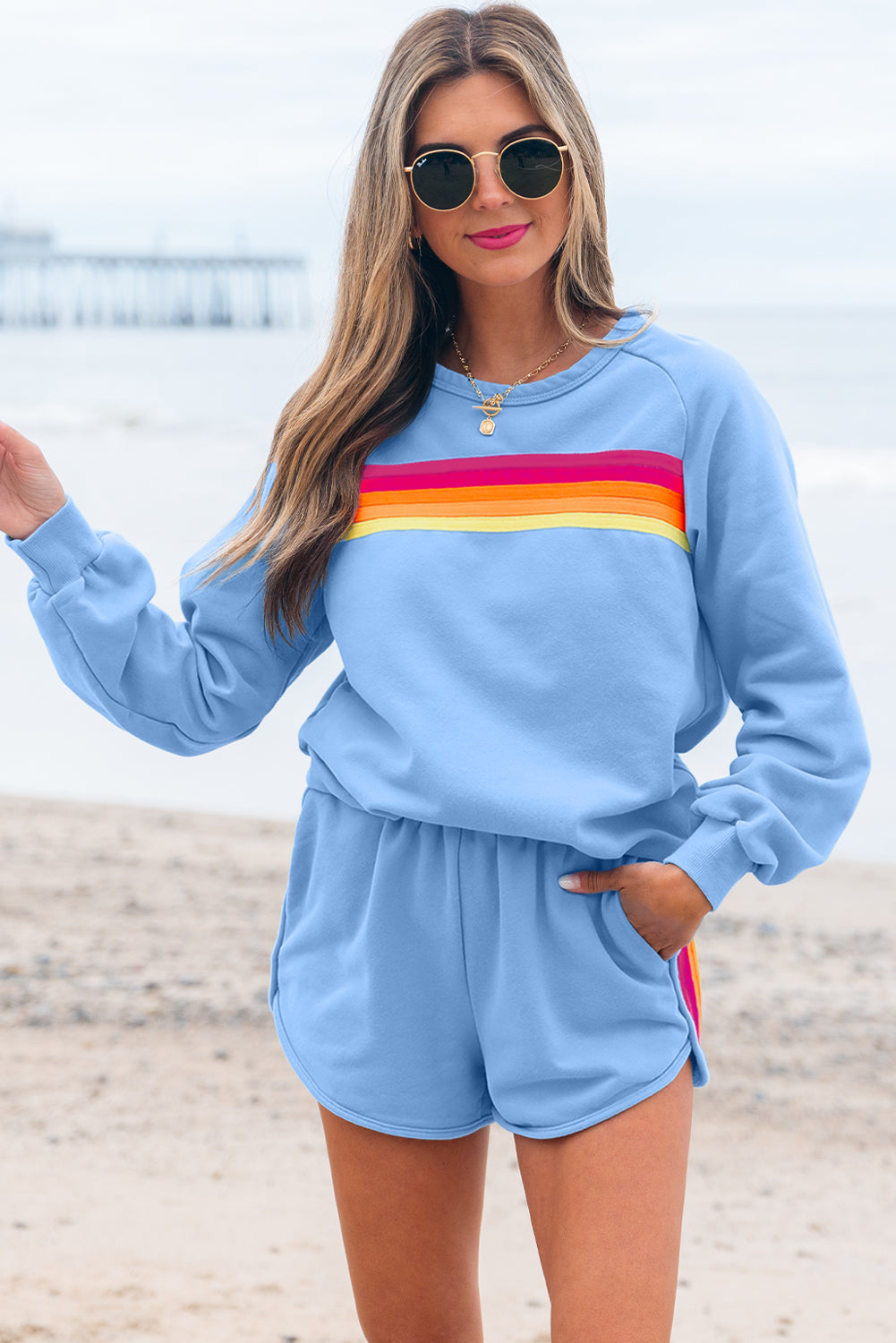 Black Striped Accent Pullover and Shorts Two Piece Casual Set