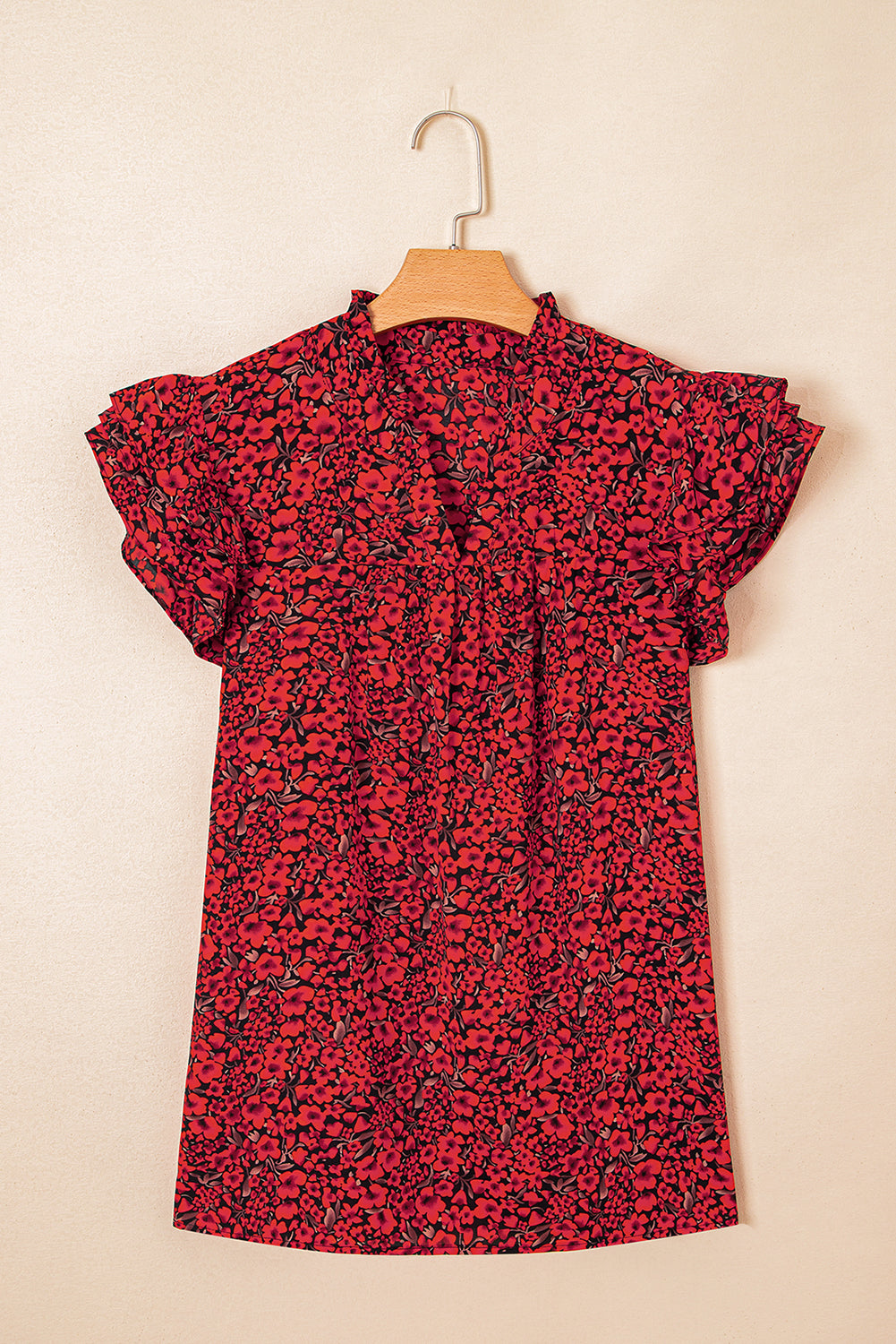 Black Rose Floral Print Ruffle Sleeve Plus Size Shift Top