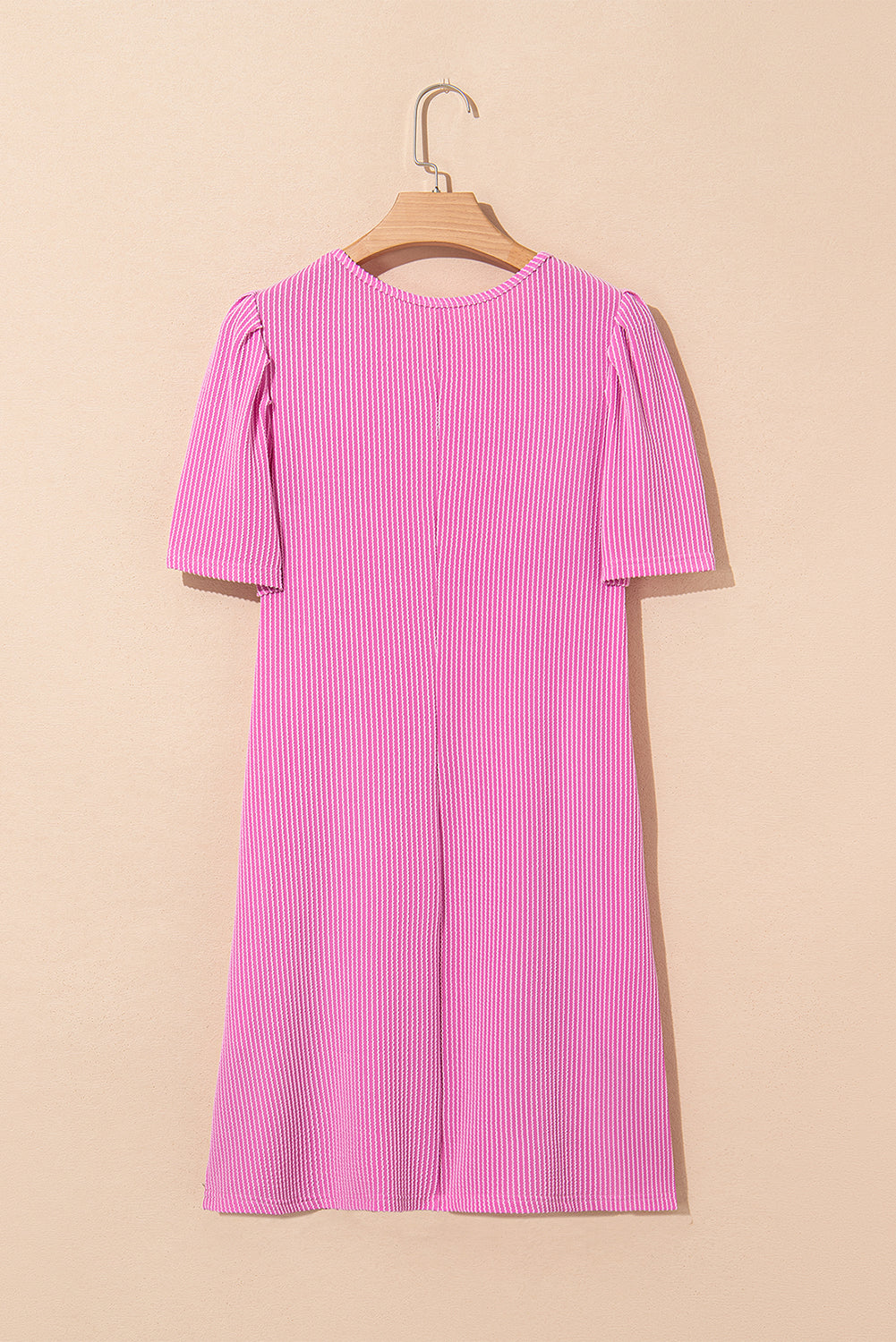 Parchment Corded Knit Crew Neck Puff Sleeve Shift Mini Dress
