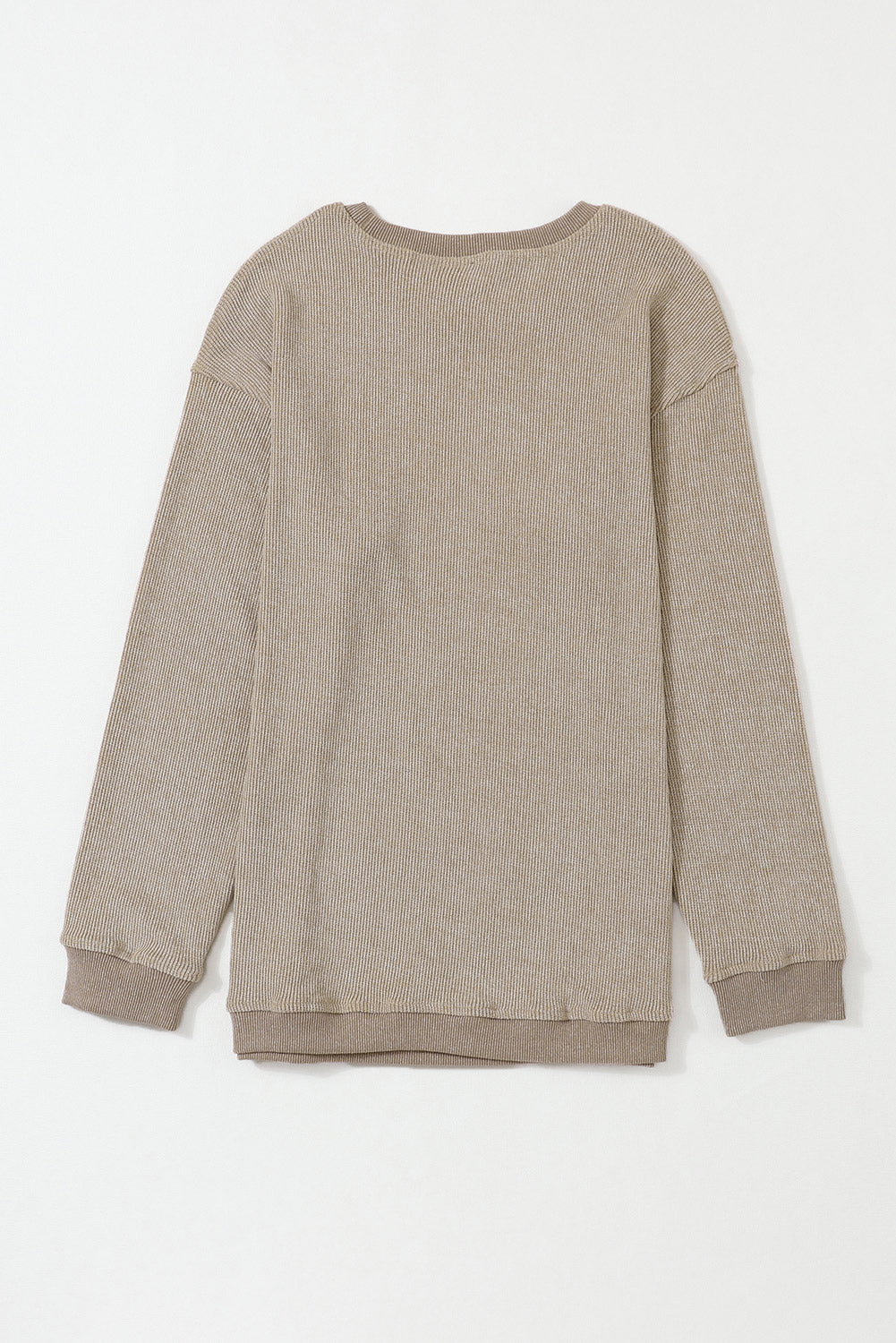 Khaki Ribbed Knit Round Neck Pullover Sweatshirt