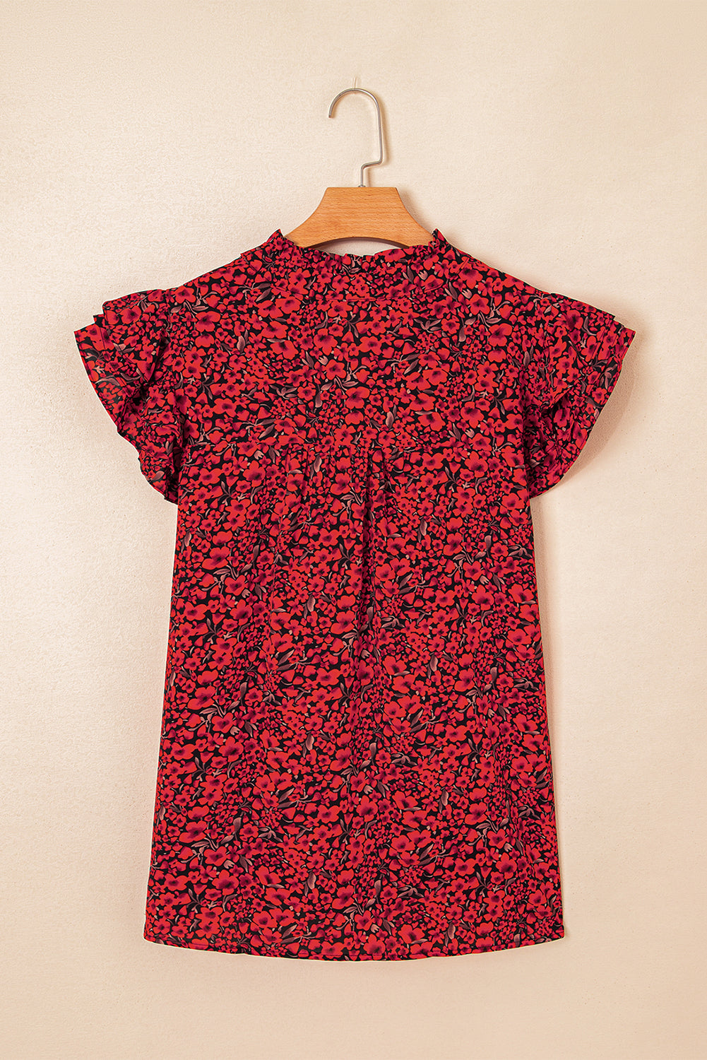 Black Rose Floral Print Ruffle Sleeve Plus Size Shift Top
