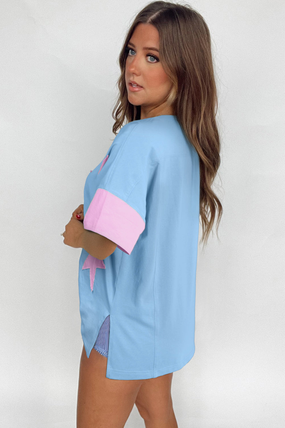 Aruba Blue Frayed Denim Star Patched Oversize T Shirt