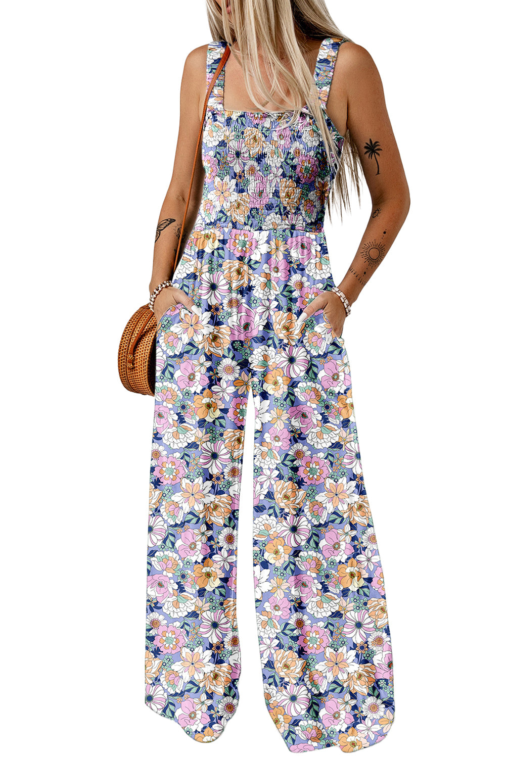 Green Floral Print Smocked High Waist Square Neck Jumpsuit