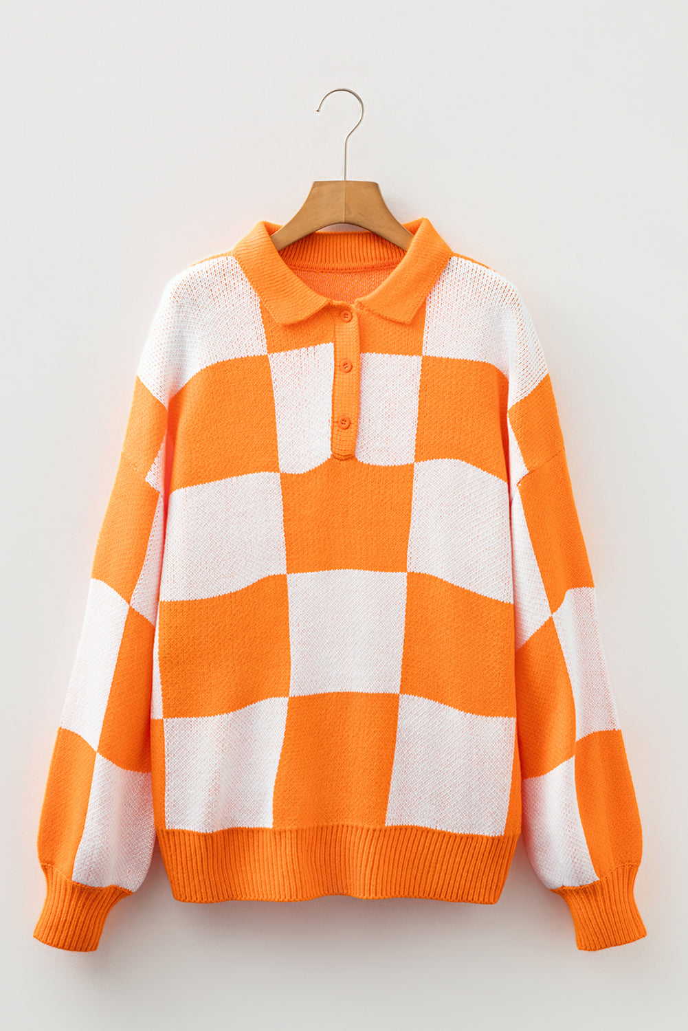 Light French Beige Checkered Pattern Polo Collar Loose Sweater