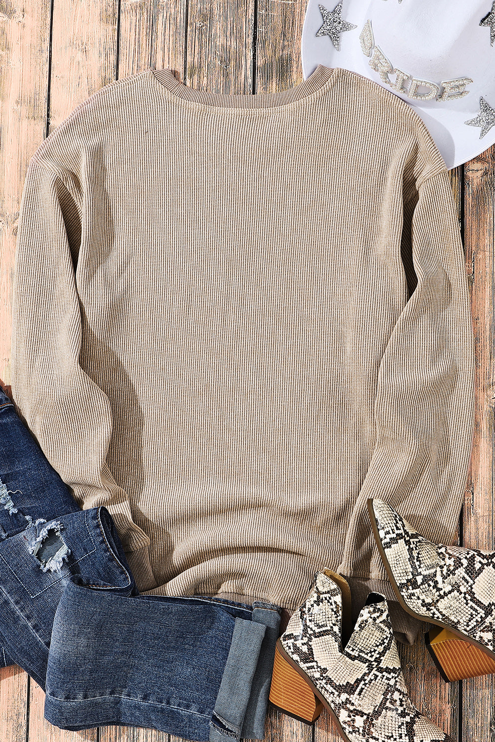 Khaki Ribbed Knit Round Neck Pullover Sweatshirt