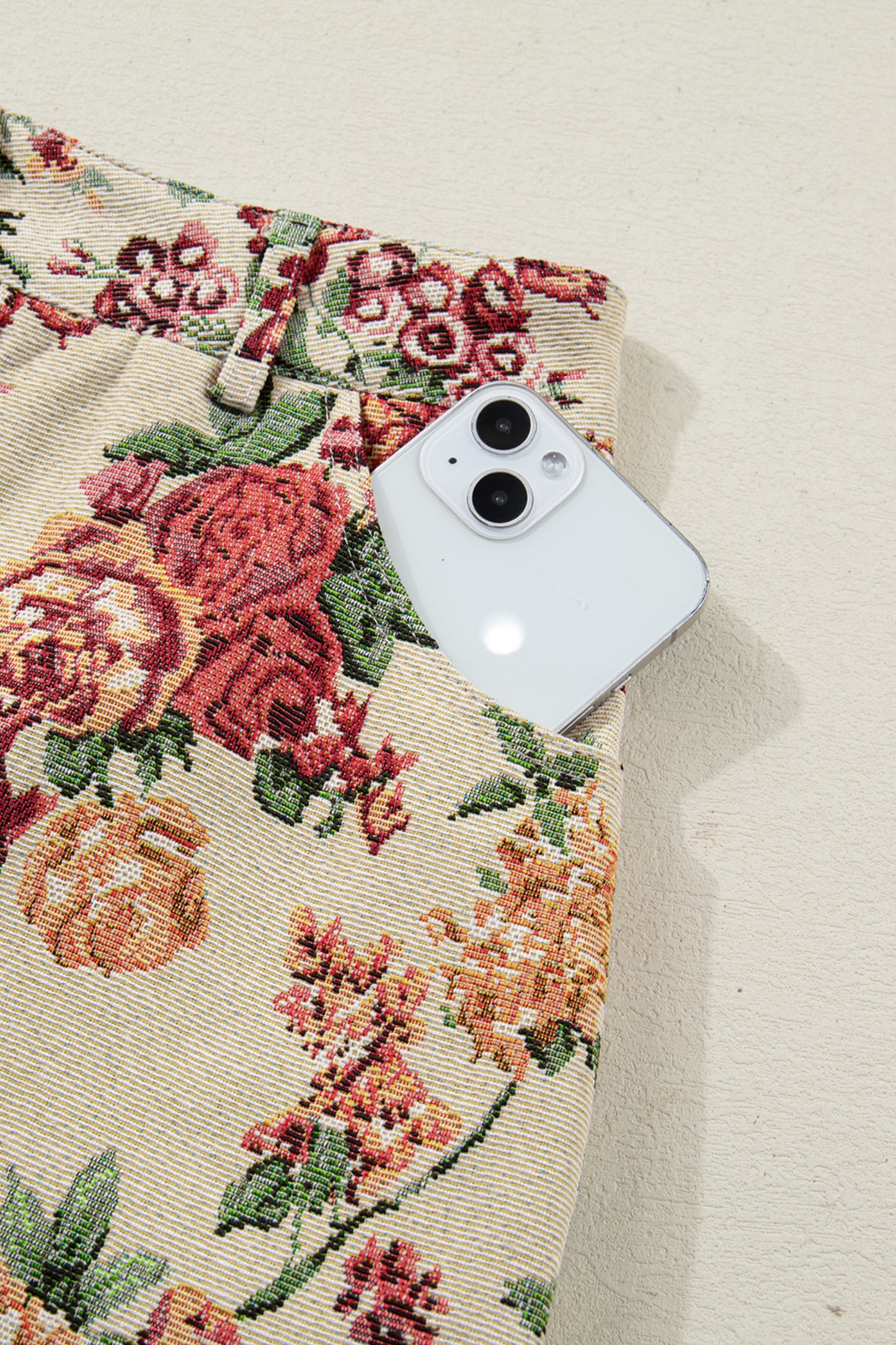 Apricot Buttoned Front Scalloped Trim Mini Jacquard Floral Skirt