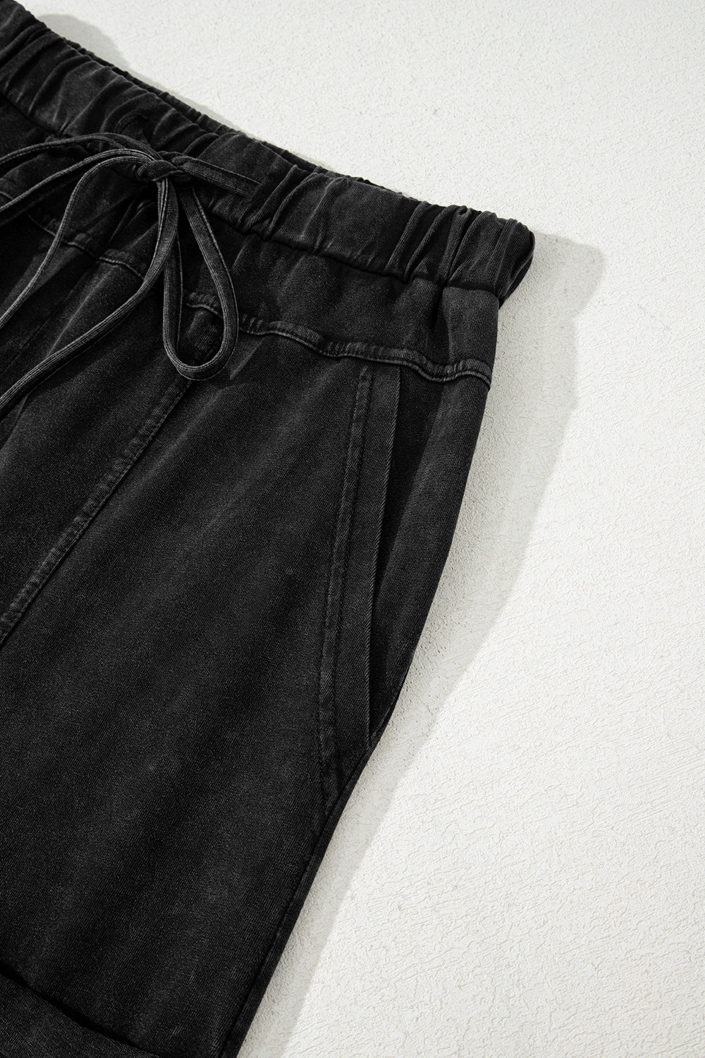 Black Mineral Wash Exposed Seam Drawstring High Waist Wide Leg Cargo Pants