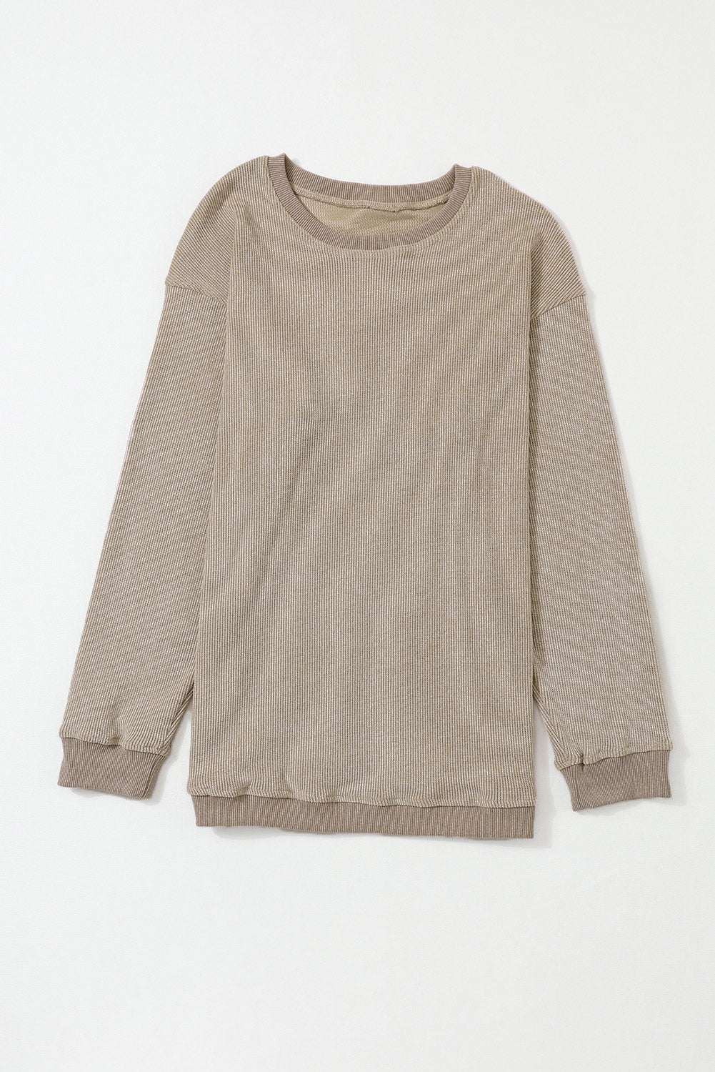 Khaki Ribbed Knit Round Neck Pullover Sweatshirt