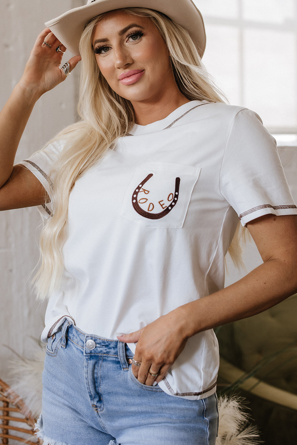 Apricot RODEO Horseshoe Embroidered Patch Pocket T Shirt